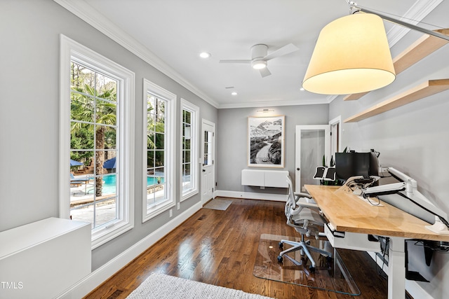 office area with baseboards, recessed lighting, ceiling fan, wood-type flooring, and crown molding