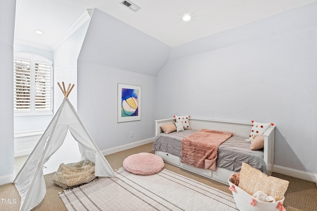 carpeted bedroom with recessed lighting, visible vents, baseboards, and vaulted ceiling