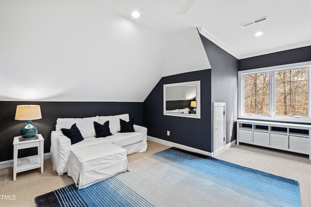 carpeted bedroom with visible vents, ornamental molding, baseboards, and vaulted ceiling