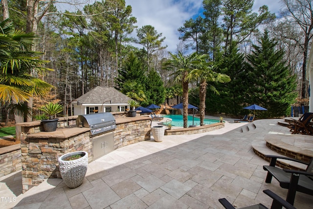 view of patio with area for grilling, an outdoor kitchen, an outdoor pool, and an outdoor structure