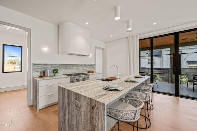 kitchen featuring a sink, white cabinets, stainless steel range with gas cooktop, backsplash, and an island with sink