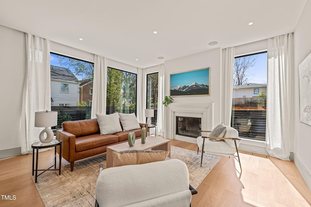 living area with a glass covered fireplace, baseboards, light wood finished floors, and recessed lighting