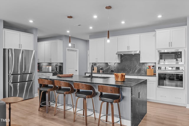 kitchen featuring under cabinet range hood, stainless steel appliances, a sink, light wood finished floors, and an island with sink