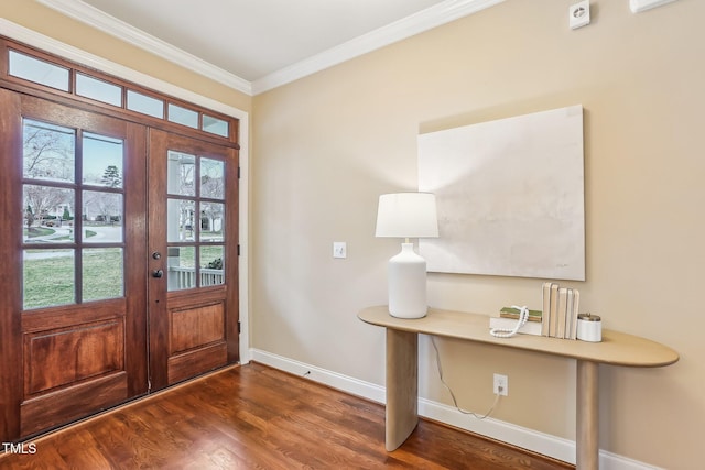 entryway with baseboards, french doors, wood finished floors, and crown molding