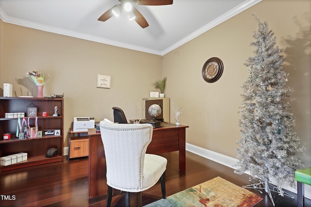 office space with dark wood-style flooring, crown molding, and ceiling fan