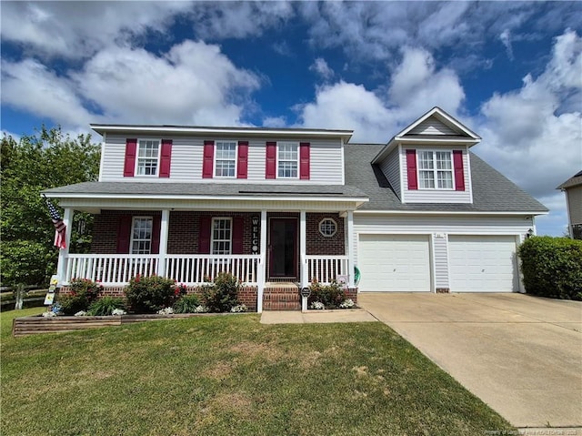 11 Scotland Dr, Spring Lake, NC 28390 - view of front of house featuring concrete driveway, roof with shingles, a front lawn, a porch, and brick siding