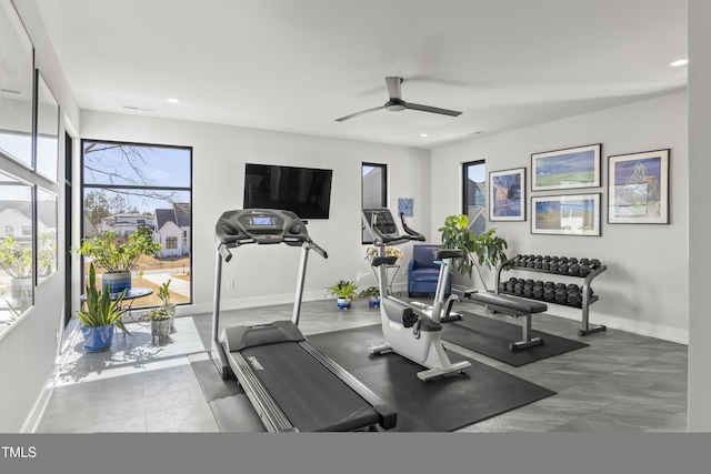 workout area with recessed lighting, baseboards, and ceiling fan