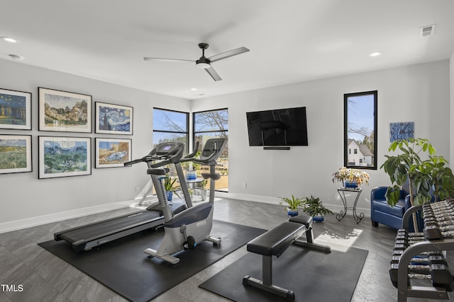 workout area with recessed lighting, visible vents, baseboards, and ceiling fan