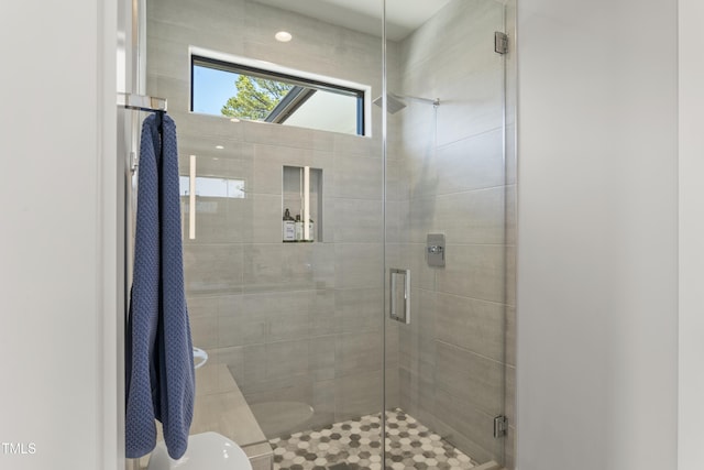 bathroom with toilet and a stall shower