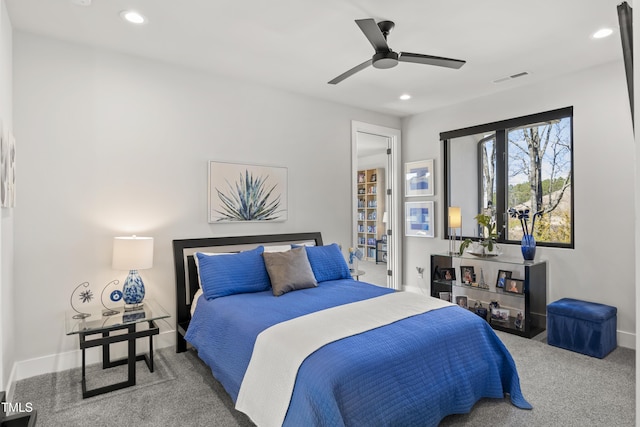 bedroom featuring a ceiling fan, recessed lighting, visible vents, and baseboards