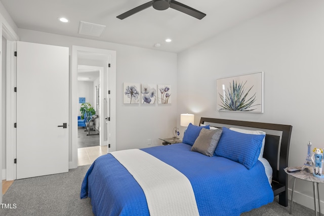 bedroom with visible vents, recessed lighting, a ceiling fan, and carpet