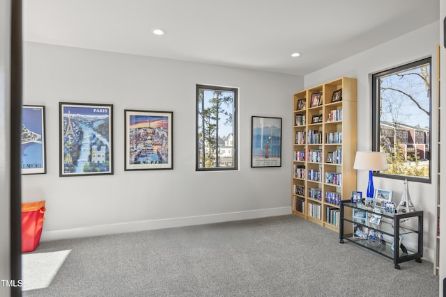 interior space with recessed lighting, baseboards, and carpet floors