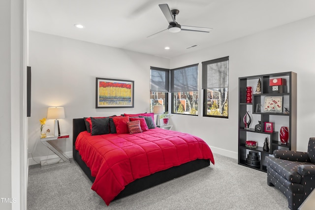 carpeted bedroom with recessed lighting, visible vents, baseboards, and ceiling fan