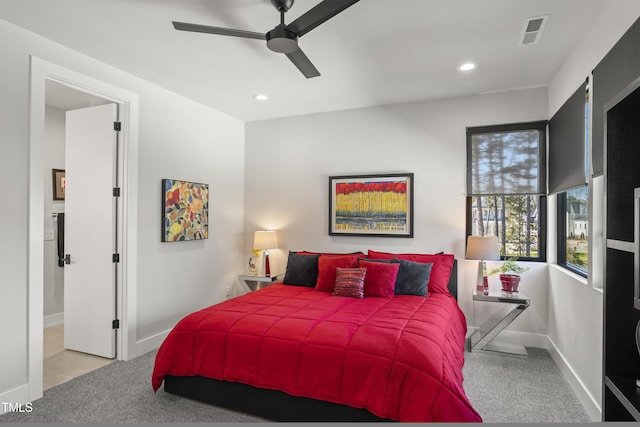 bedroom with visible vents, recessed lighting, baseboards, and carpet floors