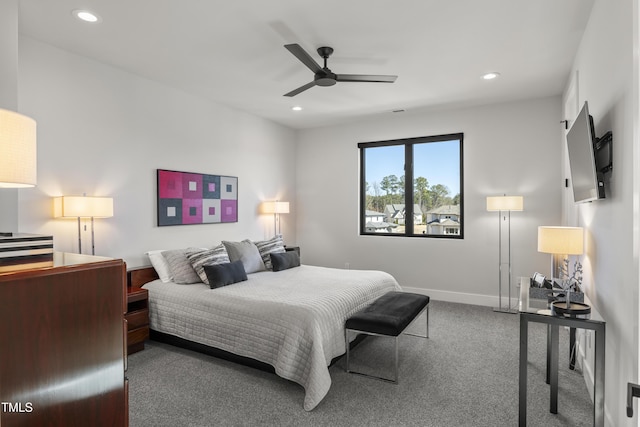 carpeted bedroom with recessed lighting, baseboards, and ceiling fan