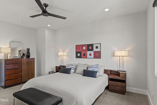 bedroom featuring recessed lighting, baseboards, a ceiling fan, and carpet flooring