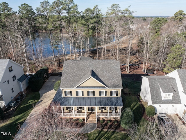 drone / aerial view featuring a water view