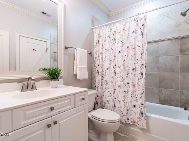 bathroom featuring visible vents, toilet, ornamental molding, shower / bathtub combination with curtain, and vanity