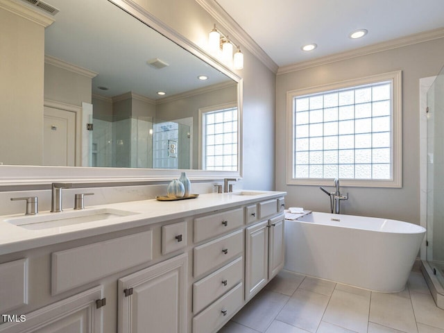 bathroom with crown molding, a sink, and a shower stall