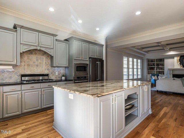 kitchen featuring open floor plan, appliances with stainless steel finishes, coffered ceiling, and gray cabinetry