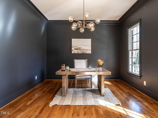 office space with dark wood-style floors, baseboards, and a chandelier