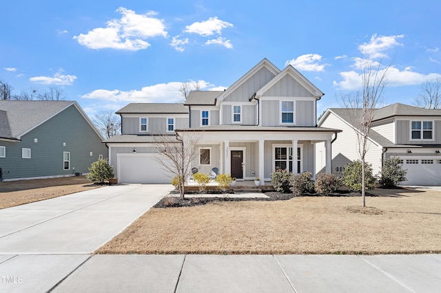 view of front of property with a garage, concrete driveway, a porch, and board and batten siding