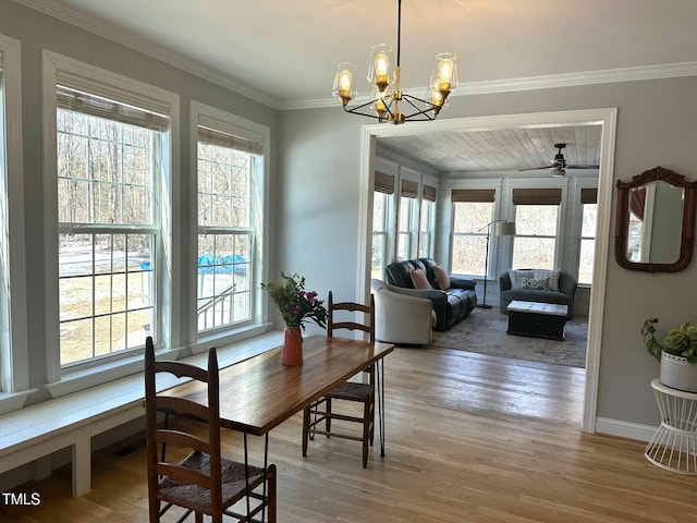 dining room featuring ornamental molding, a wealth of natural light, and wood finished floors