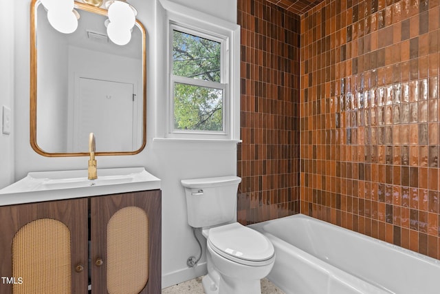 full bath with toilet, visible vents, baseboards, and vanity