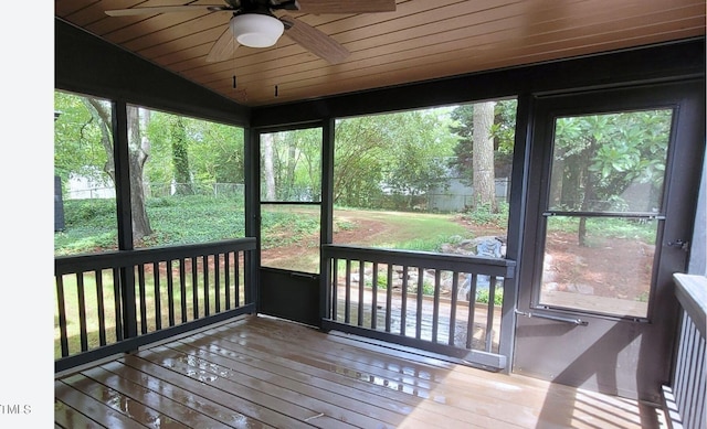 unfurnished sunroom with a ceiling fan, lofted ceiling, and wooden ceiling