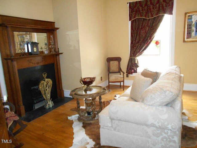 living area featuring wood finished floors, a fireplace with flush hearth, and baseboards