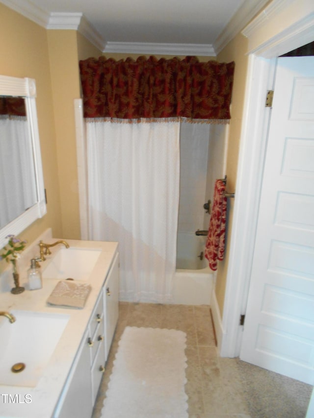 full bath with double vanity, shower / bath combination with curtain, a sink, and crown molding