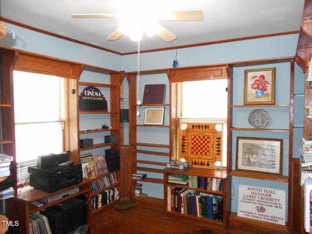 office area with crown molding and ceiling fan