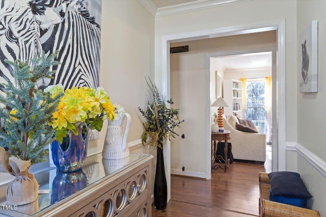 interior space with ornamental molding and dark wood-style flooring