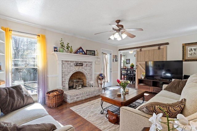 living room featuring dark wood-style flooring, a fireplace, ornamental molding, a ceiling fan, and a textured ceiling