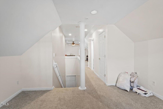 additional living space featuring vaulted ceiling, recessed lighting, carpet flooring, and baseboards