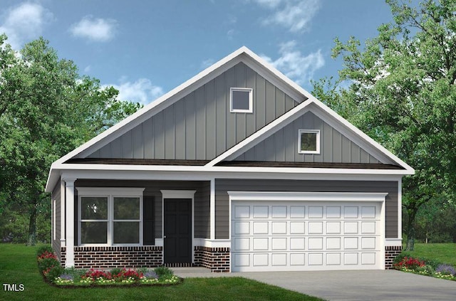 view of front of house with concrete driveway, brick siding, and board and batten siding