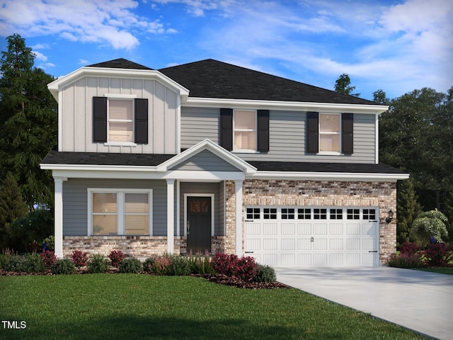 view of front of home with a garage, a front lawn, board and batten siding, and brick siding