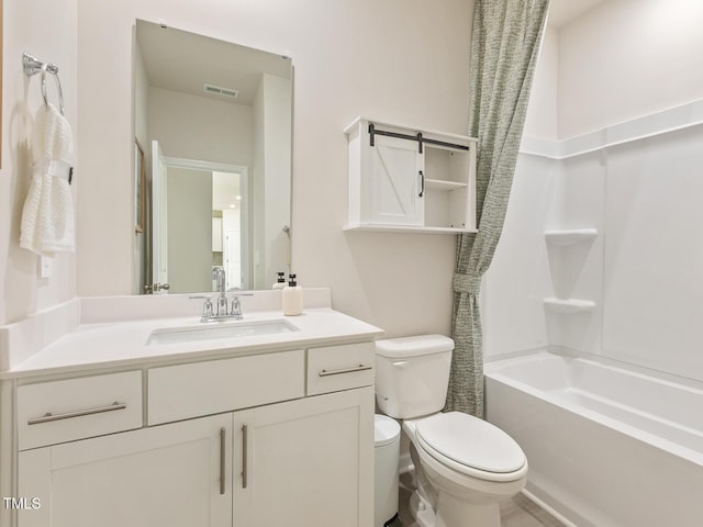 full bath featuring toilet, shower / tub combo, visible vents, and vanity