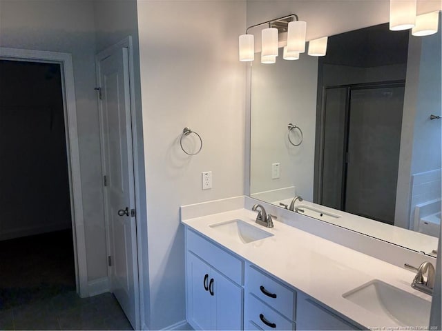 62 Peach Orchard Ln, Lillington, NC 27546 - bathroom featuring an enclosed shower, double vanity, and tile patterned floors