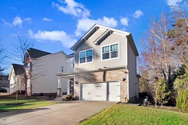 craftsman inspired home with an attached garage, stone siding, driveway, a front lawn, and board and batten siding