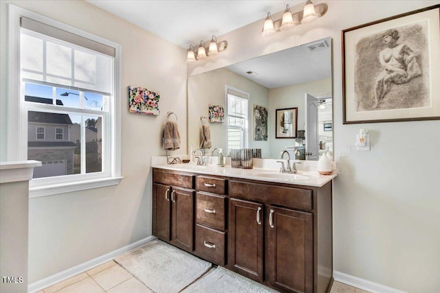 bathroom with double vanity, baseboards, visible vents, tile patterned floors, and a sink