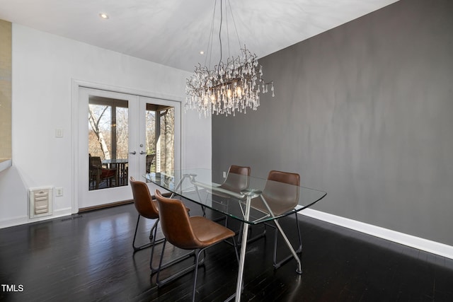 dining space featuring recessed lighting, visible vents, baseboards, french doors, and dark wood-style floors