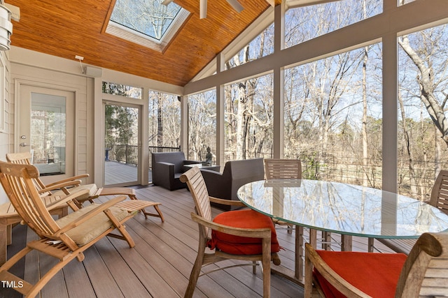 sunroom featuring lofted ceiling with skylight and wood ceiling