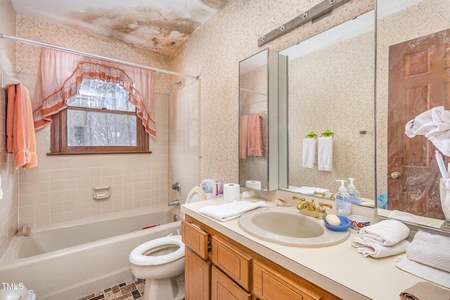 full bathroom with toilet, vanity, shower / bathtub combination, and wallpapered walls