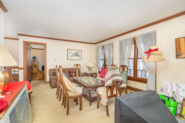 dining space with light colored carpet, crown molding, and baseboards