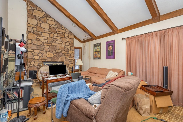 living area with a fireplace, high vaulted ceiling, and beamed ceiling