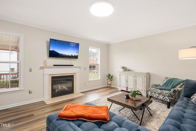 living room featuring a glass covered fireplace, crown molding, and wood finished floors