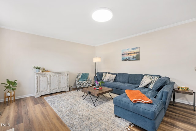 living room with wood finished floors, baseboards, and ornamental molding