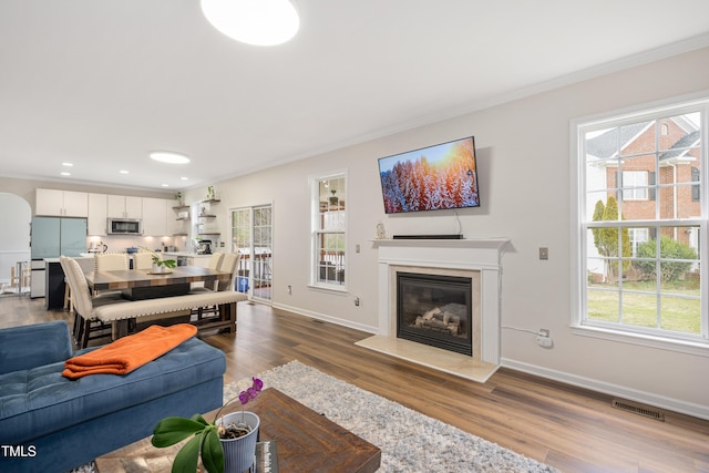 living area featuring a glass covered fireplace, plenty of natural light, wood finished floors, and visible vents