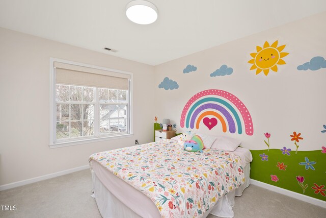 bedroom featuring carpet flooring, baseboards, and visible vents